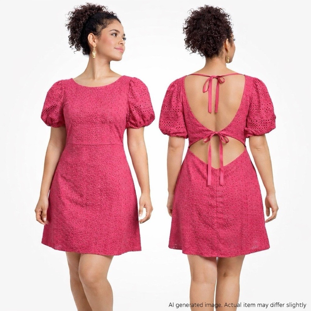 Free People Womens Pink Eyelet Puff‎ Sleeve Boho Festival Tie Back Dress Large